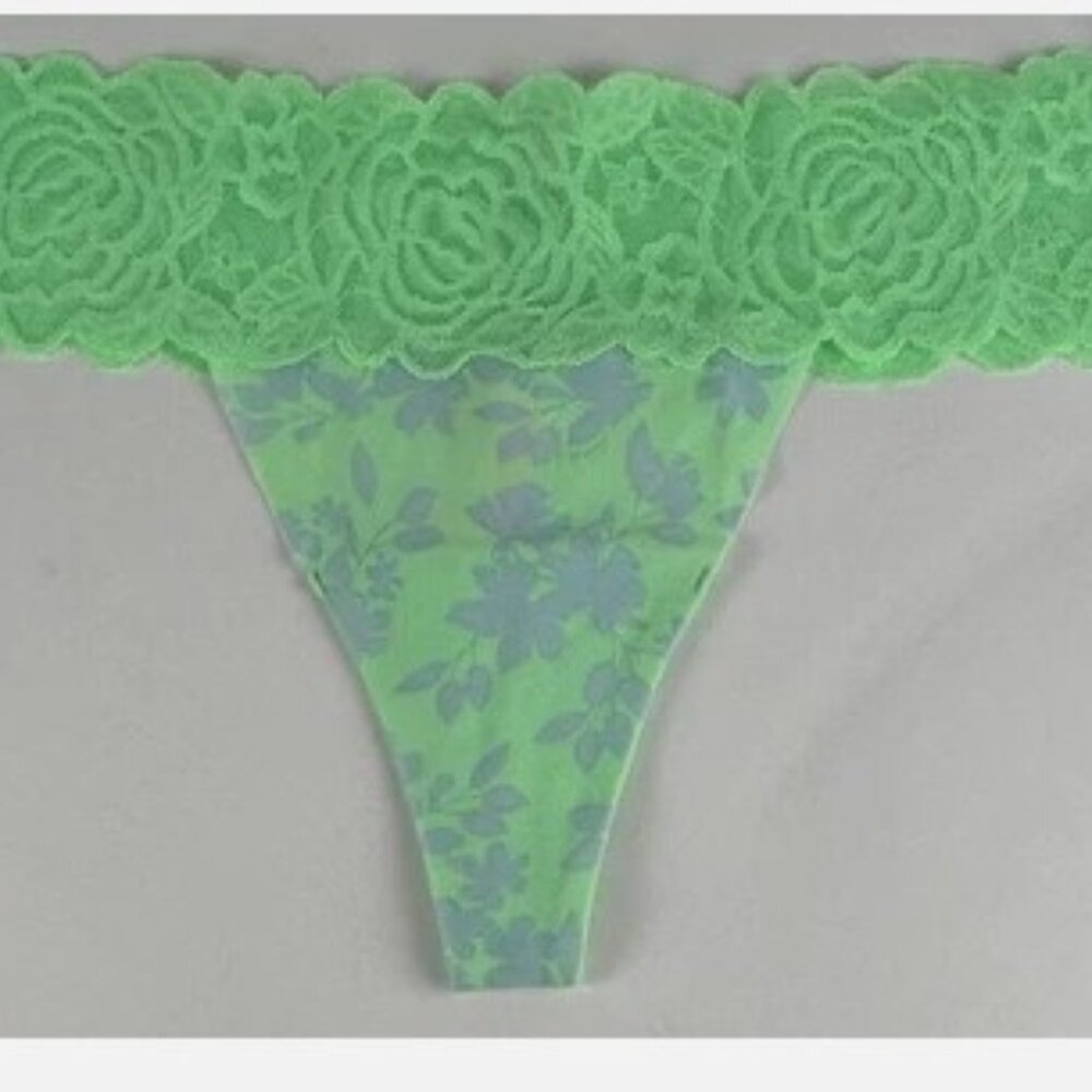 NWT Victorias Secret PINK Floral Green Lace Band Thong Panties Sz L RARE